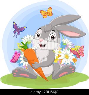 Lapin de bande dessinée tenant une carotte dans l'herbe Illustration de Vecteur