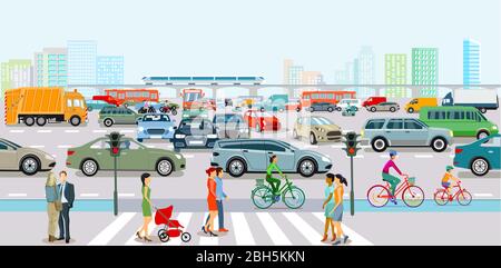 Ville avec circulation en heure de pointe et piétons sur le trottoir Illustration de Vecteur