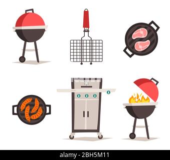 Été, barbecue de printemps et icônes pique-nique ensemble. Articles de fête, décorations. Isolé sur fond blanc. Illustration de Vecteur