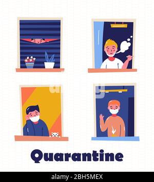 Restez à la maison bannière de motivation. Les gens dans les fenêtres qui restent à la maison en raison de la quarantaine, du travail, de l'étude, de la guitare, de la lecture. Illustration de Vecteur