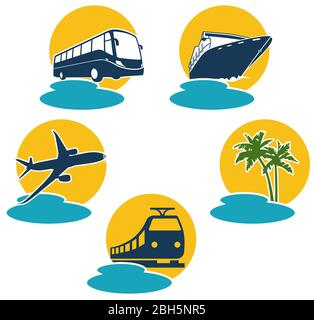 Voyagez en avion, en bus, en bateau et en train express Illustration de Vecteur