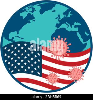 drapeau des etats-unis avec particules covid 19 et carte du monde Illustration de Vecteur