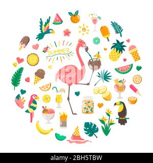 Jolie composition estivale avec nourriture, boissons, feuilles de palmier, fruits et flamants. Affiche d'été lumineuse. Collection d'éléments de scrapbooking pour la plage p Illustration de Vecteur
