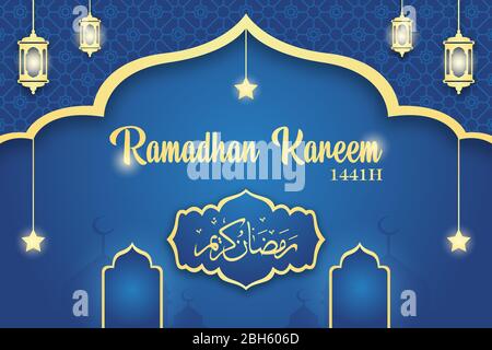 Ramadan Kareem Vector, illustration de la lanterne arabe et de la calligraphie arabe jaune ramadan kareem, sur le fond bleu de gradient et le motif islamique. Illustration de Vecteur