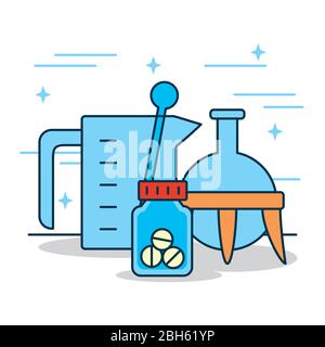 flacons chimiques et médicaments comprimés bouteille sur fond blanc, design coloré, illustration vectorielle Illustration de Vecteur