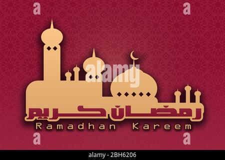 Vecteur Ramadan Kareem avec silhouette de la mosquée et de la lune sur elle en orange, fond rouge avec motif géométrique islamique Illustration de Vecteur