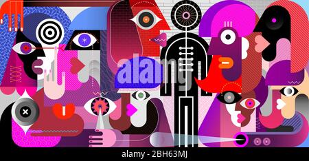 Grand groupe de personnes et un mannequin noir. Illustration vectorielle d'art numérique moderne. Conception mixte avec faces de personnes et formes géométriques abstraites. Illustration de Vecteur