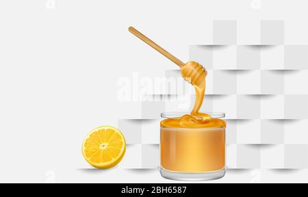 miel de citron dans un pot sur fond de papier coupé Illustration de Vecteur