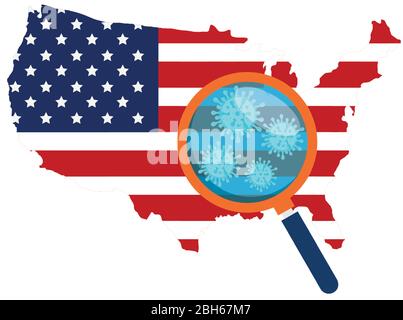 carte des etats-unis avec loupe et particules covid 19 Illustration de Vecteur