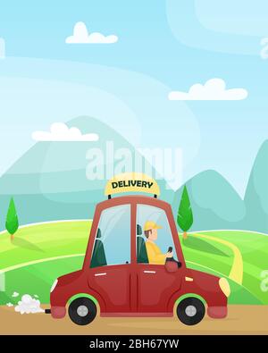 Illustration vectorielle d'un homme conduisant une voiture de livraison rouge. Livraison de nourriture à votre maison. Illustration de Vecteur