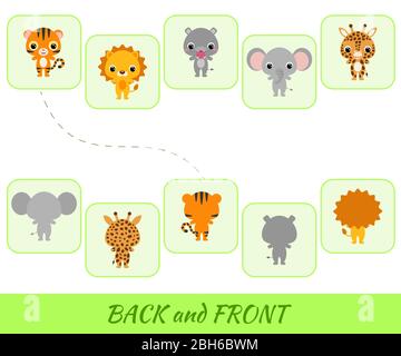 Jeu d'éducation correspondant pour les enfants. Trouvez les animaux de bande dessinée à l'arrière et à l'avant. Activité éducative pour les enfants et les tout-petits d'âge préscolaire Illustration de Vecteur