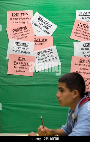 Dallas, Texas: 1 octobre 2008: Les étudiants de neuvième année suivent des cours dans une école secondaire de premier cycle où les étudiants s'engagent par écrit à passer toutes les classes et à assister à un collège de deux ou quatre ans après l'obtention de leur diplôme. L'adolescent est assis devant les invites écrites affichées sur le tableau d'affichage en classe anglaise. ©Bob Daemmrich Banque D'Images