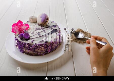 gros plan, main femelle tenant une cuillère près du gâteau crémeux avec confiture de bleuets et macaron sur fond de table en bois blanc. Vue de dessus Banque D'Images