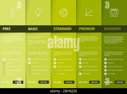 Produits service fonction comparer liste modèle de table avec diverses options, description, fonctionnalités et prix - version couleur verte Illustration de Vecteur