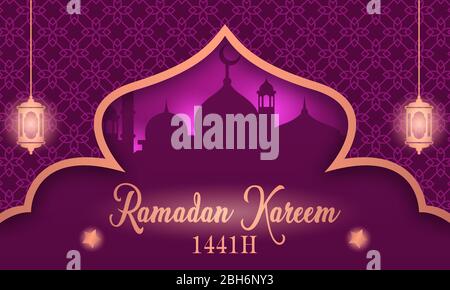 Bannière Ramadan kareem avec une lanterne orange brillant et une silhouette de mosquée violette, sur un fond mauve et un motif islamique. Illustration de Vecteur