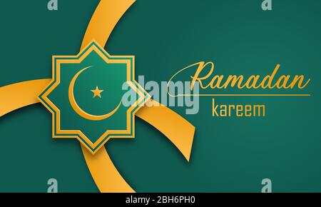 Vecteur du Ramadan Kareem 2020, illustration de la lune et des étoiles jaunes, sur un fond vert avec un gradient. Illustration de Vecteur