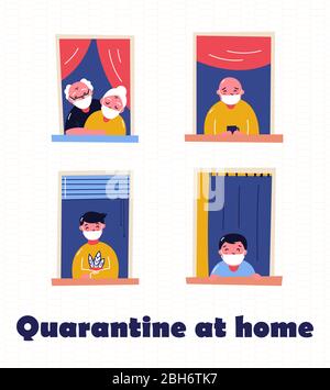 Restez à la maison bannière de motivation. Les gens dans les fenêtres qui restent à la maison en raison de la quarantaine, du travail, de l'étude, de la guitare, de la lecture. Illustration de Vecteur