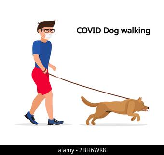 Homme dans un masque de protection médical blanc et des gants médicaux, marchant avec leur chien. Illustration du vecteur de quarantaine du coronavirus. Protéger de COVID-19 vir Illustration de Vecteur