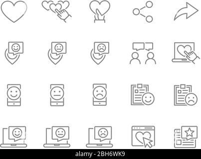 Ensemble d'icônes de ligne d'enquête client. Contrôle de la qualité, diskussion, commentaires positifs, activité de réseau social, message en ligne et plus encore. Illustration de Vecteur