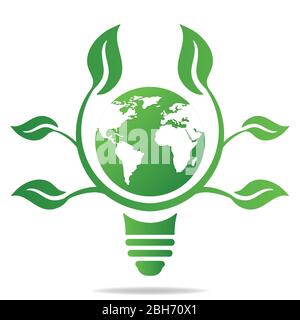 Concept écologique avec ampoule, terre et feuilles. Symbole de l'icône d'économie d'énergie. Logo recyclage. Illustration vectorielle pour n'importe quelle conception. Illustration de Vecteur