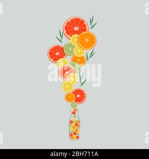Image d'agrumes tombant dans une bouteille de jus. Pour la décoration des accessoires de cuisine, des aliments pour régimes alimentaires, des boissons. Mode de vie sain Illustration de Vecteur