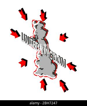Le Royaume-Uni ferme ses frontières, met en quarantaine, protège contre le coronavirus. Interdiction de franchir les frontières. Image isométrique vectorielle de la carte britannique avec flèches aroun Illustration de Vecteur