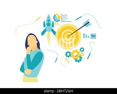 Illustration vectorielle plate d'un concept d'affaires, d'une femme qui regarde, d'une image d'une cible entourée de photos de roquette, de cartes, de cogroules Illustration de Vecteur
