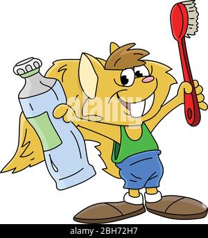 Chat de dessin animé tenant une brosse à dents et dentifrice dans ses mains illustration vectorielle Illustration de Vecteur