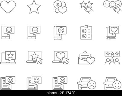 Ensemble d'icônes de ligne de révision client. Satisfaction des clients, bon service, évaluation, contrôle de la qualité, ajouter aux favoris et plus encore. Illustration de Vecteur