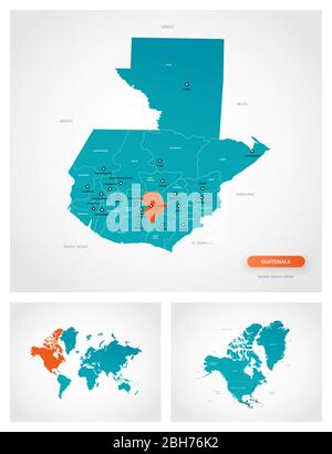 Modèle modifiable de carte du Guatemala avec des marques. Guatemala sur la carte du monde et sur la carte de l'Amérique du Nord. Illustration de Vecteur