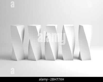Installation abstraite blanche toujours active avec cinq primitives géométriques torsadées dans une rangée. illustration du rendu 3d Banque D'Images