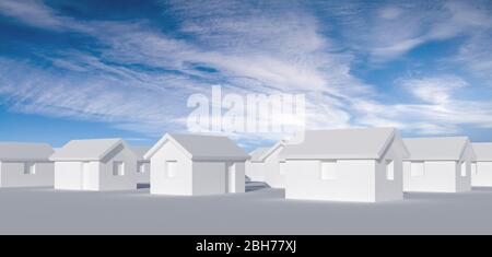 Petites maisons blanches simples et blanches sur un sol plat sous ciel bleu nuageux, représentation abstraite du village cgi, illustration de rendu tridimensionnel Banque D'Images