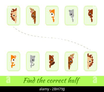 Les demi-pièces du modèle de jeu de cartes à pince sont correctes. Jeu correspondant pour enfants. Activité éducative pour les enfants et les tout-petits d'âge préscolaire Illustration de Vecteur