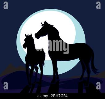 Silhouette de chevaux noirs - Mare et Foal devant Midnight Moon - Illustration vectorielle Illustration de Vecteur