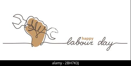 Bonne fête du travail simple vecteur Web bannière. Main, première et clé. Lettrage de la fête du travail. Fond minimaliste, bannière, affiche Illustration de Vecteur