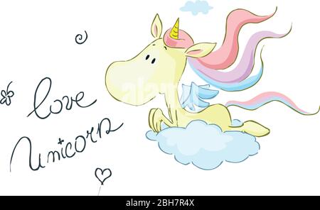 Mignons Unicorn coutent sur le Cloud - Love Unicorn text - Illustration vectorielle Illustration de Vecteur