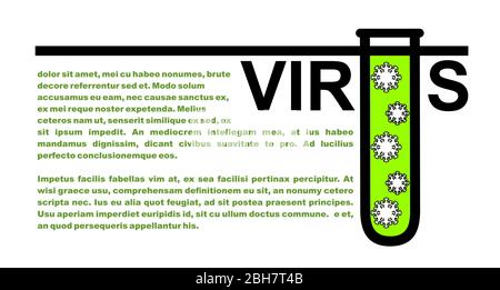 Le mot virus avec une lettre stylisée U sous la forme d'un tube à essai dans lequel le virus est fermé. Illustration d'un article sur le coronavirus, diseas Illustration de Vecteur