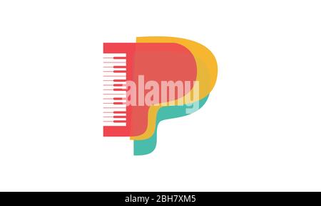 Logo de piano créatif et abstrait avec trois formes de piano en niveaux en orange, jaune et vert et une découpe des touches. Vector est idéal pour la marque. Illustration de Vecteur