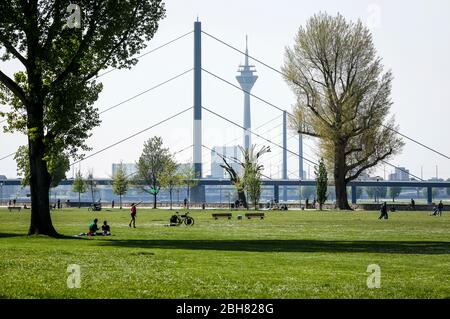 17.04.2020, Düsseldorf, Rhénanie-du-Nord-Westphalie, Allemagne - Rheinpark Golzheim en période de pandémie de corona avec interdiction de contact, derrière le pont Oberkasseler Banque D'Images