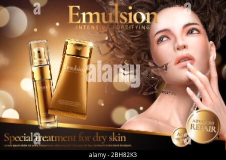 Emulsion produit annonces avec belle femme sur fond brillant de couleur dorée dans l'illustration tridimensionnelle Illustration de Vecteur