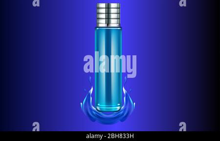 maquette illustration du parfum de bouteille de verre long sur fond liquide bleu Illustration de Vecteur