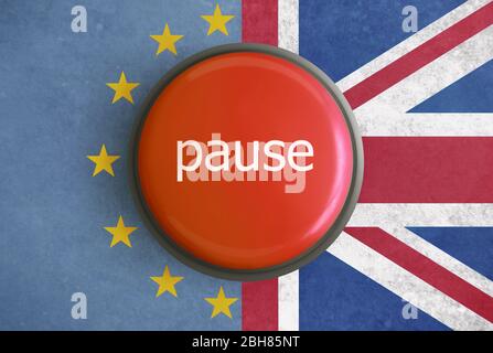 Bouton de pause du Brexit sur fond drapeau ue et royaume-uni Banque D'Images