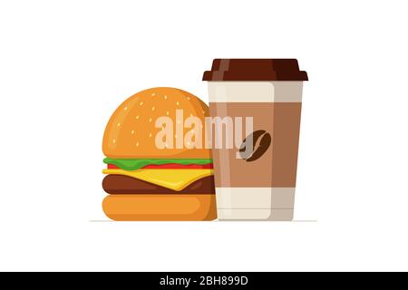 Un hamburger savoureux coloré et une tasse de café en papier jetable. Hamburger ou cheeseburger avec boisson chaude. Illustration des eps plats isolés à vecteur alimentaire rapide Illustration de Vecteur