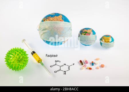 Formule chimique structurale de la molécule de favipiravir (avigan, T-705, favilavir) avec pilules. Il s'agit d'un médicament antiviral utilisé dans le traitement du virus Ebola, un Banque D'Images