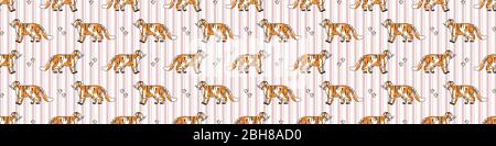 Joli tigre avec paw pad sans couture bordure vectorielle. Grand chat rayé dessiné à la main pour l'illustration de la jungle de safari. Tigre du Bengale sur fond rayé partout Illustration de Vecteur