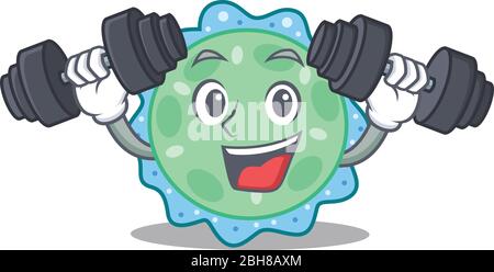 Mascotte design de sourire exercice physique pseudomonas aeruginosa lève des cloches Illustration de Vecteur