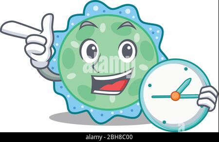 Pseudomonas aeruginosa mascotte design concept souriant avec horloge Illustration de Vecteur