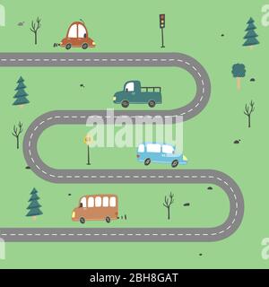 Dessin animé carte mignonne pour enfants avec voiture, route, éléments de paysage de ville. Voitures, bâtiment, route dessinée à la main, style jouet pour enfants. Illustration vectorielle. Illustration de Vecteur