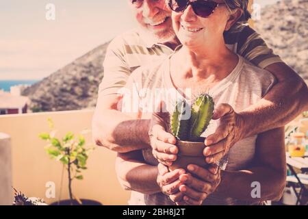 Beau couple agréable Profitez de la nature en prenant soin d'une plante tropicale cactus - jardinage à la maison pour les loisirs activité en plein air ensemble - gai concept de personnes âgées - filtre chaud Banque D'Images