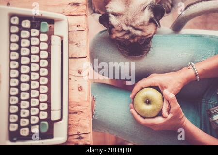 Meilleur ami vieux beau beau pug dormir sur la jambe de sa femme propriétaire à la maison tout en travaillant avec une ancienne machine à écrire - personnes et amitié alternative concept de famille - filtre vintage Banque D'Images